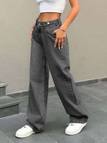 EURMUSE Low Waist Button Detailed Snow Wash Straight Cut Jean - Light Grey - View 7