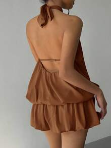 Aloruh Women's Casual Vacation Style Solid Color Backless Tie Knot Ruffle Hem Mini Dress, Summer - Coffee Brown - View 2