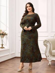 Modelyn Damen Kleid in Große Größen mit Blumenmuster, rundem Ausschnitt, Langarm und Raffungen, elegantes Design