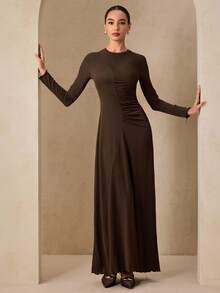 Graceveil Women's Round Neck Long Sleeve Cinched Waist Pleated High-End Design Fitted Knit Dress