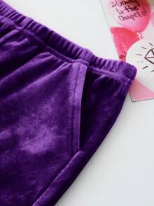 SHEIN Babygirl 天鹅绒长袖连帽夹克和松紧腰裤套装，时尚可爱 - 紫色 - 查看 6