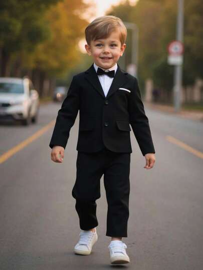 SHEIN Conjunto de 2 piezas de moda para niños pequeños estilo caballero: 1 blazer informal holgado de un solo color con bolsillo y botones en contraste, 1 pantalón de vestir relajado de cintura elástica, adecuado para fiesta de cumpleaños, boda, escuela, vacaciones