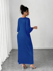 Elenzga Plus Size V-Neck Cinched Waist Bodycon Dress - Blue - View 2