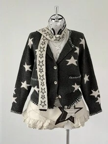 Sunspun Vintage Color Block Star Pattern Soft & Loose Crew Neck Long Sleeve Knit Cardigan Sweater, Autumn/Winter - Multicolor - View 1