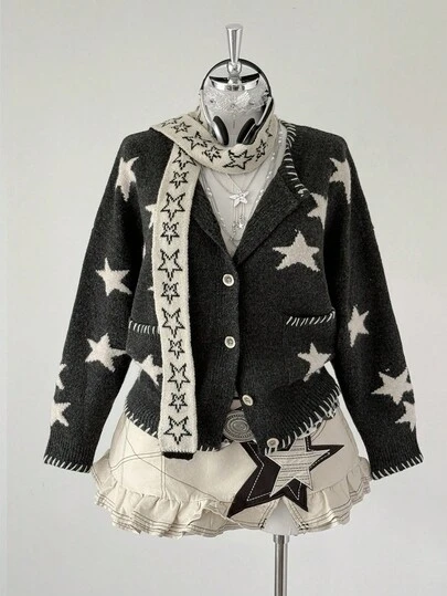 Sunspun 复古拼色星星图案柔软宽松圆领长袖针织开衫，秋冬