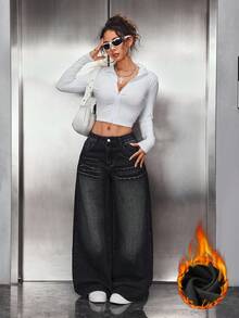 SHEIN PETITE Women's Autumn/Winter Thermal Lined Slant Pocket Wide Leg Jeans - Grey - View 3