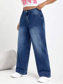 SHEIN ICON Jeans casuales holgados de talle alto con bolsillos para mujer de talla grande - Azul - Ver 4