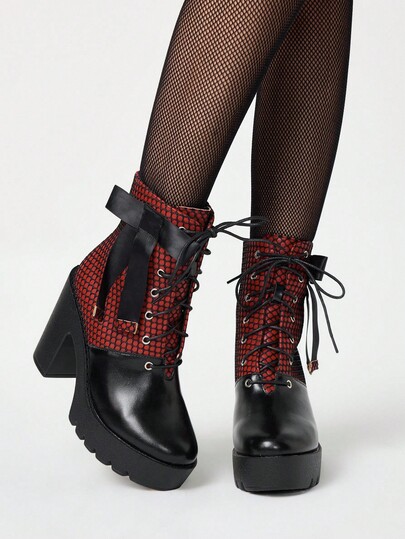 Grunge Punk Damen Gothic Plateau Stiefel mit rundem Zehenbereich und Plateauabsatz, Veloursleder & PU Leder Kombination, schwarze High Heel Stiefel geeignet für Partys, Alltag, Abendkleider, Größenzuwachs und Beinverlängerung