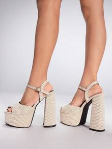 Sugerpunk 15cm Super High Heel Sexy Waterproof Platform Sandals, Shiny Stilettos, Thick Bottom Peep-Toe Women Shoes - Apricot - View 3