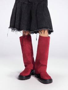 Sugerpunk 女士时尚中筒靴，休闲厚底 - 酒紅色 - 查看 5