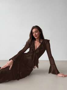 Aloruh Black Knit Mesh Deep V-Neck Long Sleeve Ruffle Hem Dress,Wedding Guest Dress Women