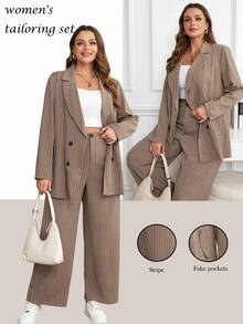 SHEIN Clasi 大码休闲通勤条纹夹克和裤子套装 - 咖啡棕 - 查看 8
