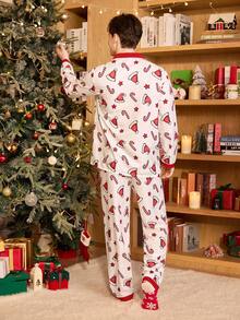 CoupledUp Men's Woven Christmas Themed Print Colorblock Long Sleeve Top & Trousers Pajama Set, Fall Winter Clothes