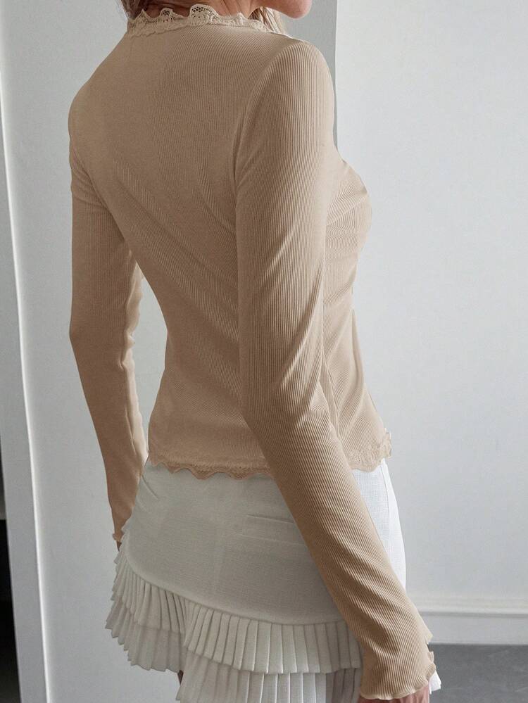 Women's Lace Frill Trim Fitted Cardigan Long Sleeve Top