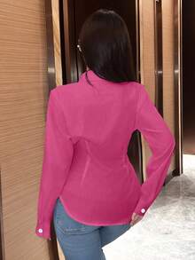 Chiquease 1pc Women's Solid Color Button & Ruffle Detail Elegant Office Long Sleeve Blouse Women Shirt - Hot Pink - View 2