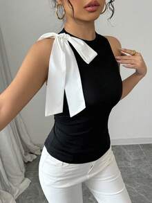 Selianne 女式无袖撞色蝴蝶结背心 - 黑色 - 查看 4