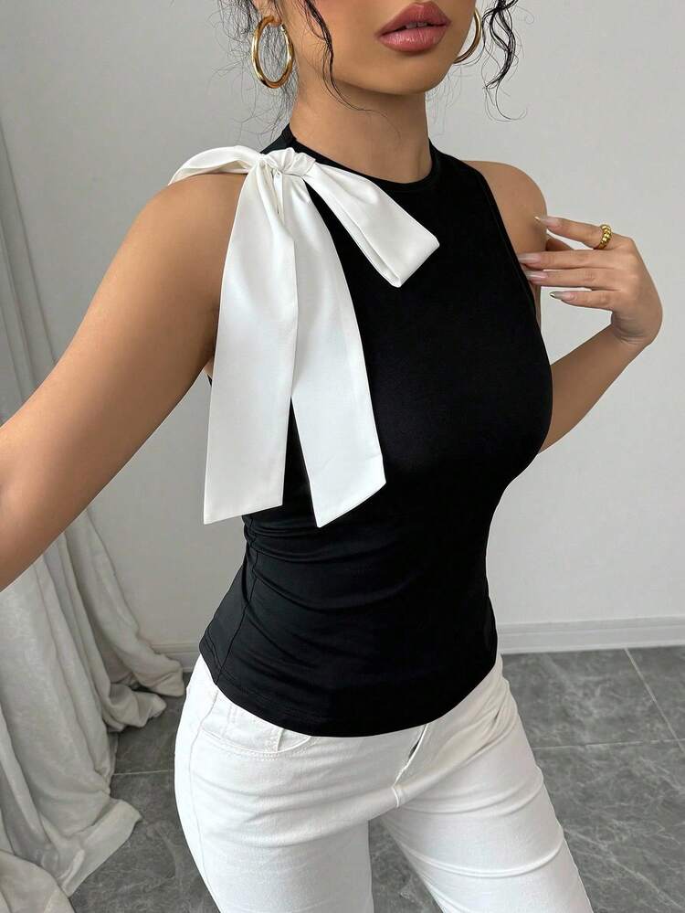 Selianne 女式无袖撞色蝴蝶结背心 - 黑色 - 查看 4