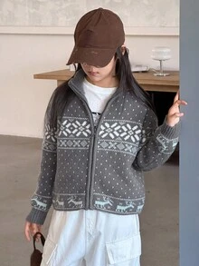 DAZY 女童复古图案长袖开衫 - 灰色 - 查看 8