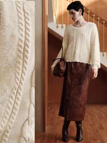 Uhlyne Vintage French Chic Versatile Casual Loose Apricot Crew Neck Faux Fur Texture Twist Rope Knit Sweater, Suitable For Autumn/Winter, Back To School, Party, Earth Tone For Women - Apricot - View 9