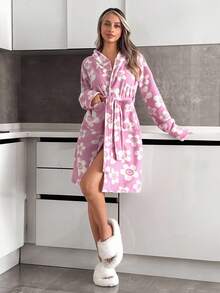 EURMUSE Flower&Smile Print Dual Pocket Hooded Belted Robe - Pink - View 6