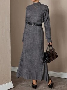 CLARA VERO Women's Elegant Rib Knit Ribbed High Neck Flare Hem Balloon Sleeve Knit Sweater Dress Comfy And Chic Winter - Grey - View 3