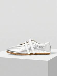 Minimalana Color Block Round Toe Flat Ballet Flats For Women, Hook And Loop Casual Shoes - Silver - View 5
