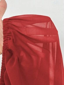 Maweii Blus Fashion Longgar Berlipit Lengan Lentera Leher Tinggi Warna Polos untuk Wanita Ukuran Plus, Warna Natal - Merah - View 8