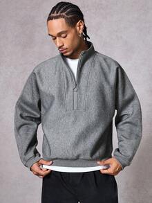 DAZY Men's Grey Half-Zip Front Pullover Sweatshirt, Sturdy Fabric, Autumn - Grey - View 3