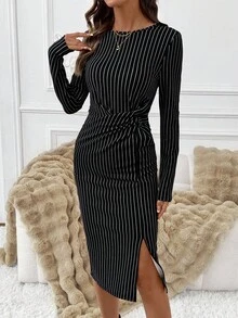 SHEIN Clasi Women's Elegant High Stretch Knit Long Sleeve Dress, Versatile For Commuting And Office Wear, Autumn  Black Dress  Fall Clothes For Women  Elegant Midi Dress Vertical Stripe Dress Long Sleeve Elegant Dress Long Bodycon Dress Slim Dress  Business Casual Outfits Women   Business Casual Woman Curve
