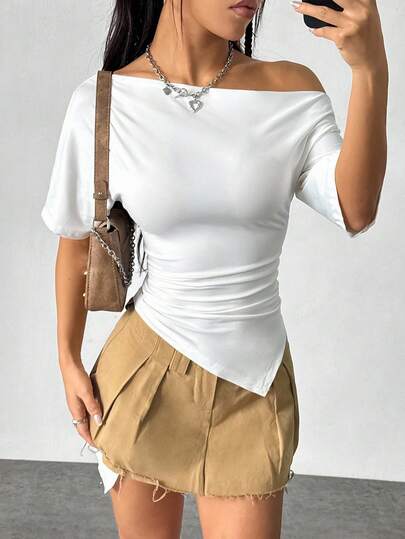 Jeanoix Women's Solid Color Bat Sleeve Fitted Asymmetrical Hem T-Shirt