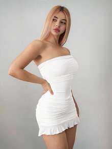 Sweetina Vestido mini asimétrico con hombros descubiertos y malla ajustada - Blanco - Ver 5