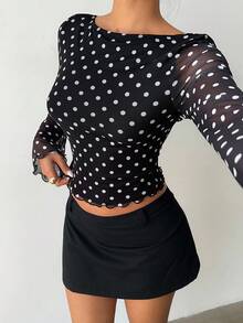 MainGRL Women's Autumn New Polka Dot Mesh Backless Flare Sleeve Long Sleeve T-Shirt See Through Top Backless Shirts Long Sleeve Sheer Top Polka Dot Top Open Back Tops