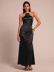 Glamine Women's Silky Satin Knitted Floral Decoration Backless Halter Neck Elegant Maxi Dress, Women's French Black Solid Color Three-Dimensional Flower Decoration Slim Sleeveless Temperament Long Dress, Elegant Sexy Slim Skin-Friendly Breathable Drape Sexy Pure Hot Girl Party Holiday Long Dress Costumes - Black - View 4