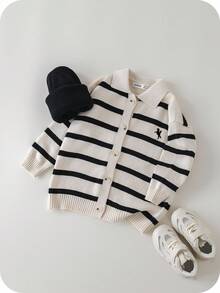 SHEIN 1 Stück Lässiger, süßer und stilvoller koreanischer gestreifter Langarm-Strickjacken-Pullover für Kleine Jungen, geeignet für Ausflüge, Schule, Urlaub, Herbst/Winter