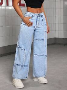 SHEIN PETITE Women's Casual Washed Frayed Hem Straight Leg Jeans - Light Wash - View 4