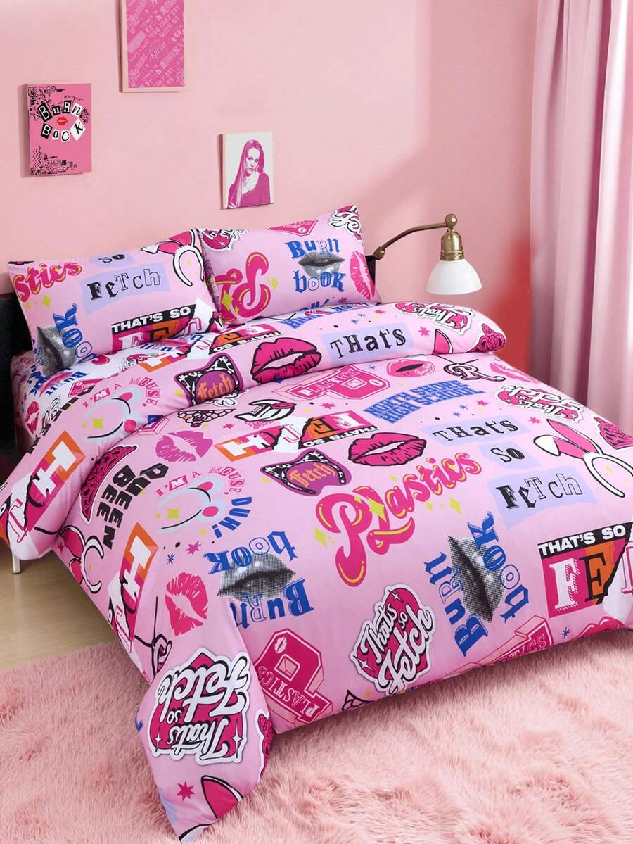 Mean Girls X SHEIN 3 pezzi Set biancheria da letto con stampa "Bad Girl" in materiale morbido e caldo, copripiumino colorato, adatto per letti singoli/matrimoniali/queen/king