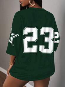 Slaydiva 休闲简约23个字母和数字图案女式T恤，适合夏季 - 綠色 - 查看 2