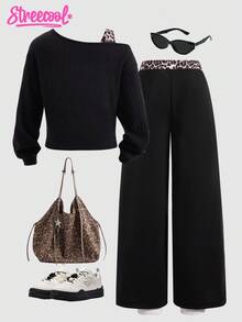SHEIN Explorewe 2 件套 Tween Girls Me 宽松休闲街头时尚设计斜肩豹纹罗纹印花搭配撞色腰部阔腿裤套装，适合日常、通勤、休闲、度假、聚会、街拍、秋冬 - 黑色 - 查看 2