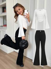 SHEIN 少女黑色纯色高腰喇叭裤，适合居家休闲、户外运动，可搭配运动服，适合秋冬季、上学、日常穿着。喇叭裤，黑色喇叭裤，秋季喇叭打底裤，黑色半身裙，喇叭裤打底裤。 - 黑色 - 查看 1