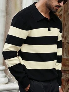 Manfinity Bizformal Men's Contrast Stripe Drop Shoulder Long Sleeve Half-Zip Fashionable Versatile Knit Sweater, For Fall Winter - Black and White - View 5