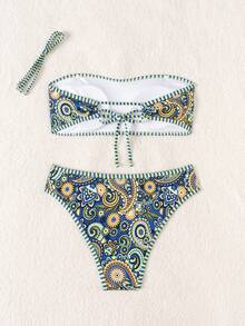 SHEIN Swim 2026 Spring/Summer Women's Paisley Print Bandeau Backless Tie Bikini Set, High Cut Bottoms, Vacation Style