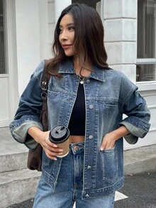 Livesso 女式宽松休闲破洞牛仔夹克和外套，秋冬 - 藍色 - 查看 5