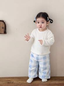 DAZY 2 peças/Conjunto Pijama de Menina Bebê com Top de Manga Longa de Gola Redonda Confortável Estilo Coreano e Calça Xadrez Larga, Roupas de Inverno para Meninas Pequenas - Azul - Visão 5