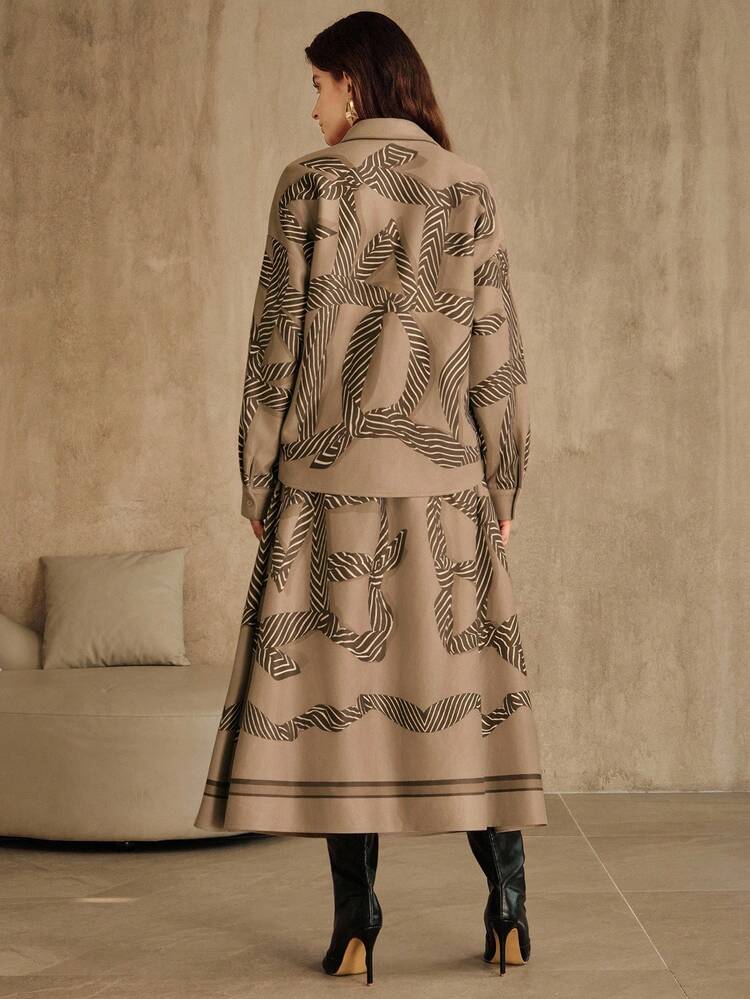 Autumn/Winter Fashionable High-End Deer Velvet Print Loose Long Sleeve Shirt & Midi Skirt 2 Pieces Set With Belt, Suitable For Going Out, Elegant, Formal, Party, Chic, New Year, Christmas, Work, Graduation, Wedding