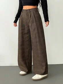 SHEIN PETITE Casual Vintage Pleated Plaid Suit Pants, Autumn And Winter Graduation,Back To School,Teacher Outfits For Women Baggy - Coffee Brown - View 5
