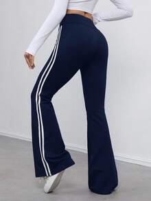 SHEIN Tall 纯黑色高弹针织侧缝白色织带紧身裤，适合秋冬季 - 藏蓝色 - 查看 3