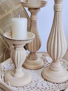 SHEIN 1 件欧式复古木质烛台手工雕刻素色烛台托盘摆件工艺礼品婚礼家居餐桌装饰