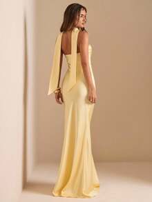 SHEIN BAE Elegant Strapless Backless Dress With Sash, Sexy Solid Color Cream Yellow Formal Gown For Party, Cocktail, Wedding, Birthday, Bridesmaid,Dresses For Women Elegant,New Year Dress ,Elegant Party Dresses,Dresses For Women Elegant - Light Yellow - View 2