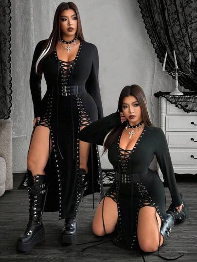 Whyspr Grunge Punk Plus Size Women's Deep V-Neck Tie-Up Long Sleeve Dress, Autumn/Winter Halloween