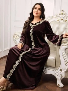 Al Najma Vestido elegante de estilo árabe con aplicaciones decorativas, de manga larga y holgado para mujer de talla grande - Café integral - Ver 8